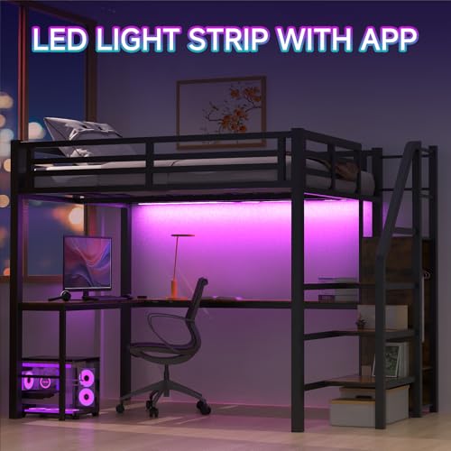 Full Size Loft Bed with Desk and Storage Stairs, Heavy Duty Metal Loft Bed Frame with Wardrobe