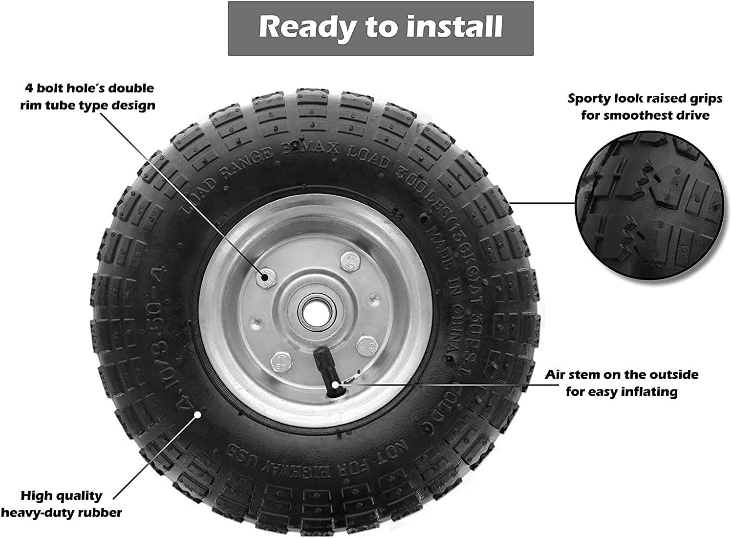 Bimiti 4 Pack 10 Pneumatic Air Filled Heavy-Duty Wheels Tires with 5/8 Center Bearing All Purpose Utility Air Tires Wheels Pneumatic Rubber Tyre