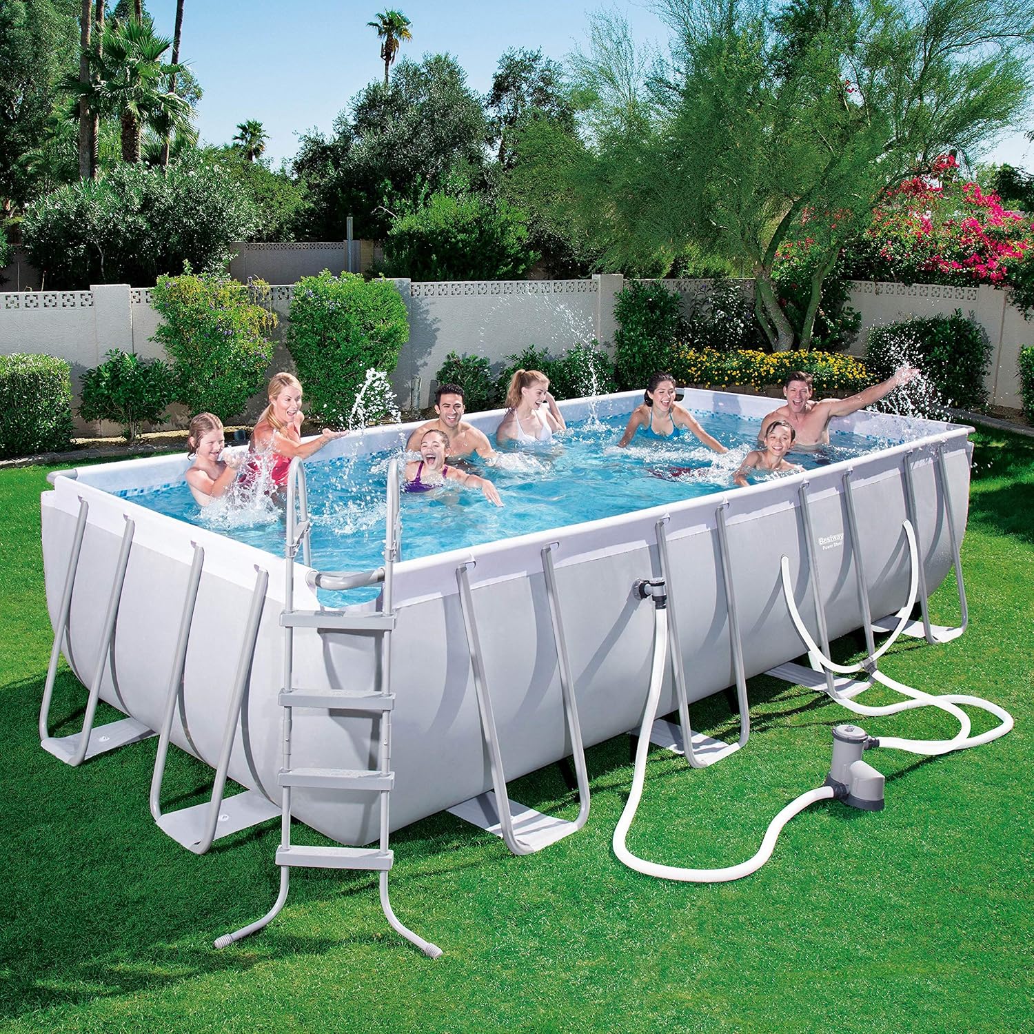 Bestway 56711E Power Steel 18' x 9' x 48 Outdoor Oval Frame Above Ground Swimming Pool Set with 1500 GPH Cartridge Filter Pump, Cover, & Ladder, Gray
