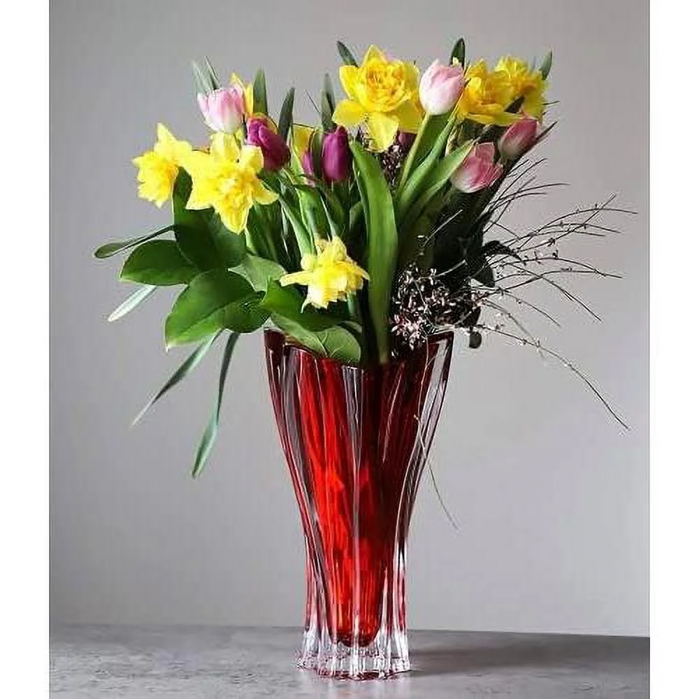Bohemian Crystal Glass Vase 12''-Height Red ''Plantica'' European Design Centerpiece Flower Vase Home Decor Wedding Birthday Housewarming