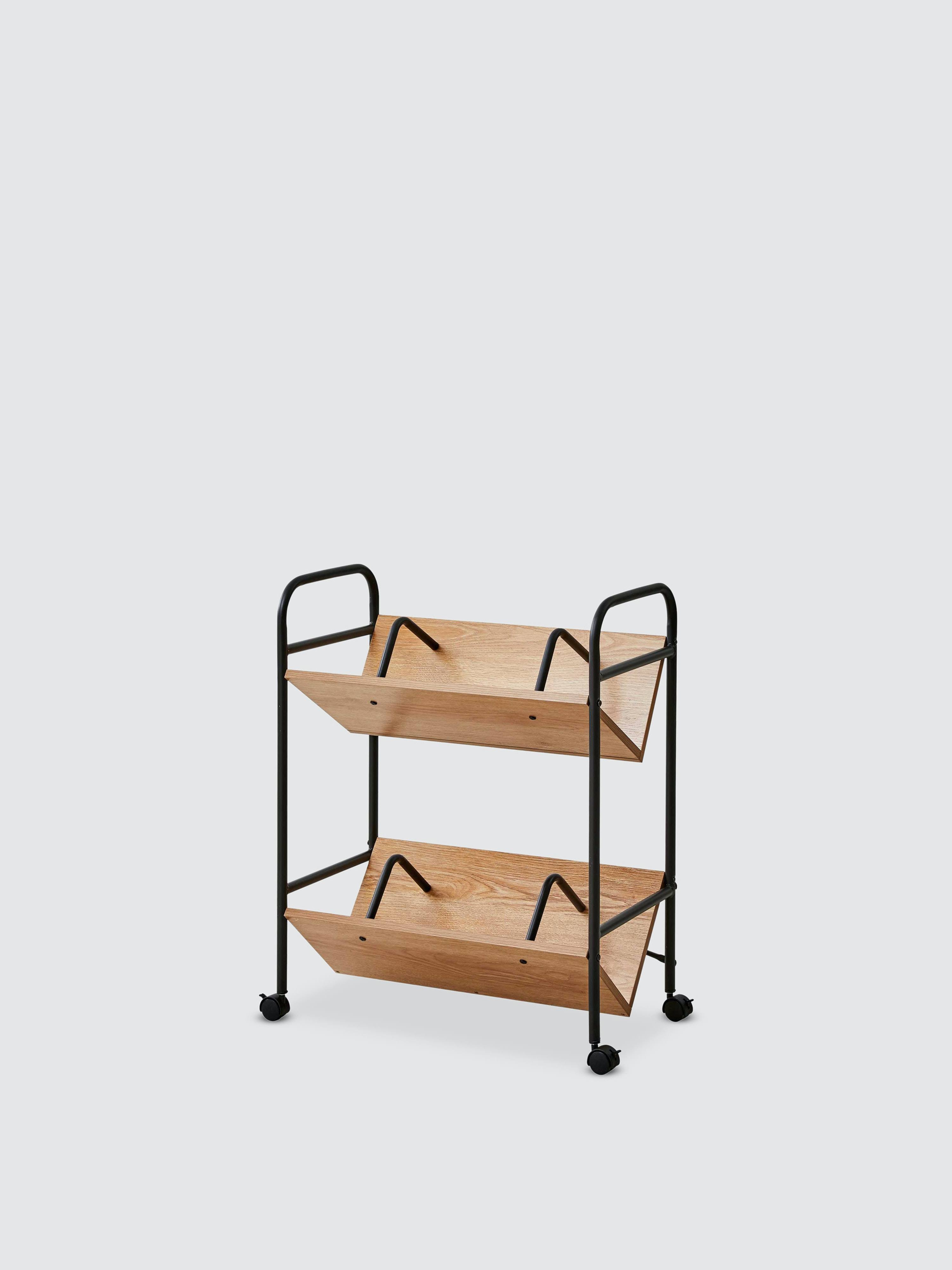 Querencia 2-Tier Wood Metal Double Sided Sloped Mobile Book Cart