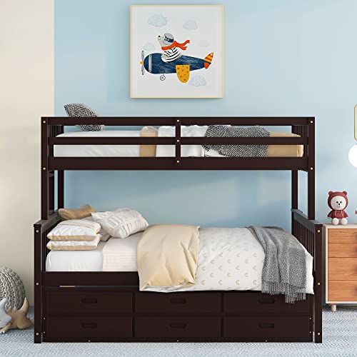 Harper & Bright Designs Twin Over Twin Bunk Bed with Storage Drawers, Solid Wood Bunk Bed Frame with Trundle, for Kids, Teens, Adults (Espresso)