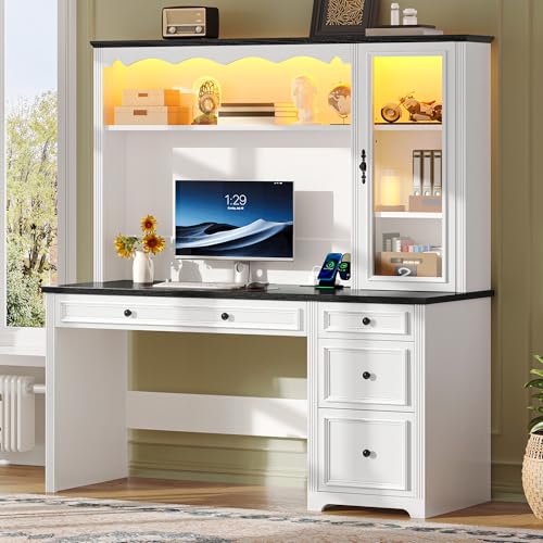 YITAHOME Executive Desk with Hutch and Drawers, Farmhouse Wood Computer Desk with Power Outlet & LED Lights, Home Office Desks with Storage Shelves