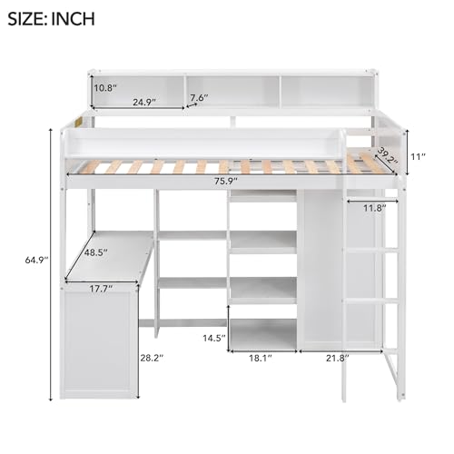 Twin Size Loft Bed with Desk, Multiple Storage Shelves and Wardrobe