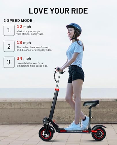 Offroad Electric Scooter with Seat,1200W eScooter for Adults,32 Miles Long Range & 34 Mph Fast Electric Scooters,11" Tires Scooter Height Adjustable
