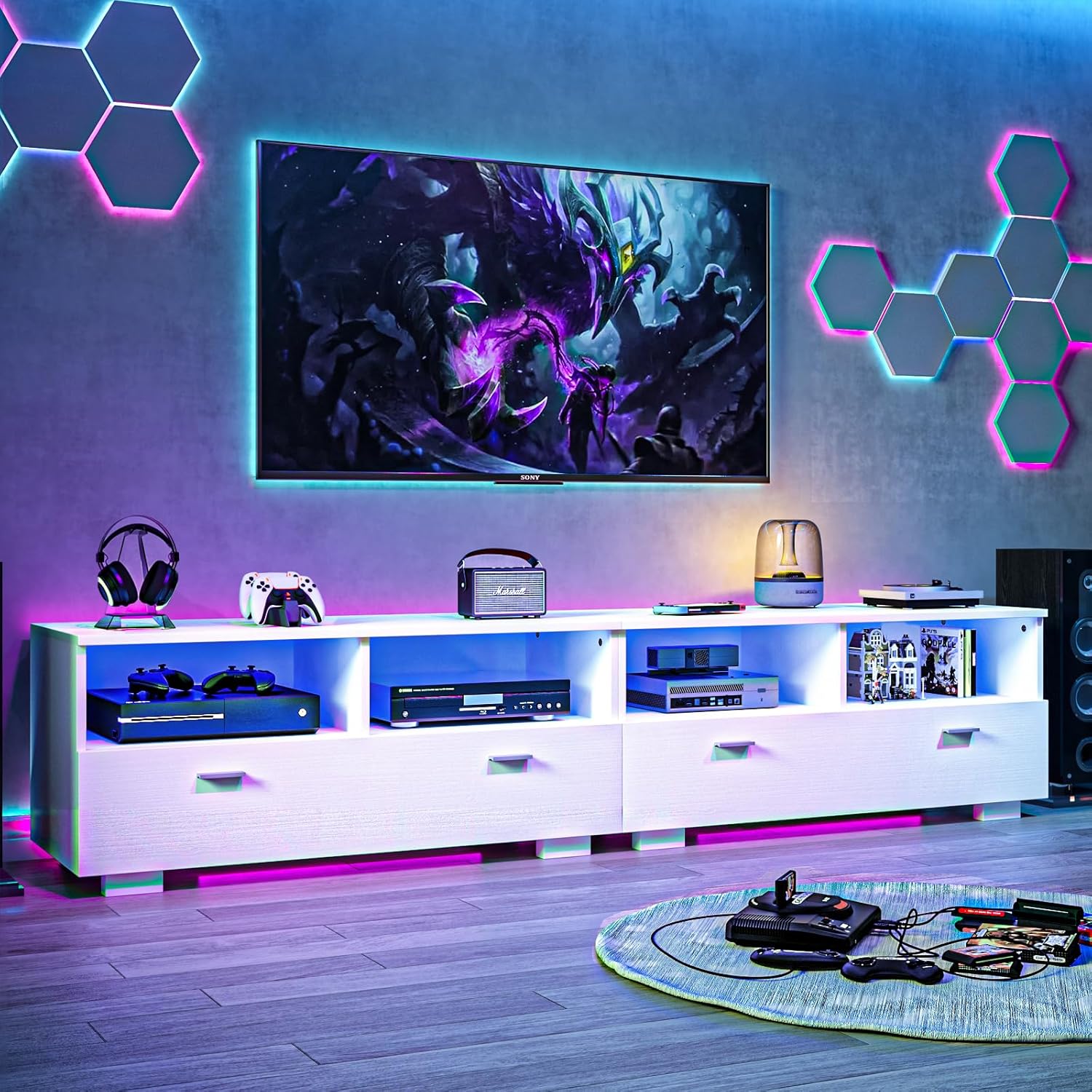 4 EVER WINNER TV Stand for 75+ Inch TV, LED TV Stands for Living Room with Storage Entertainment Center