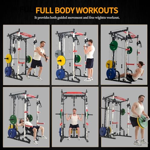Smith Machine Home Gym with Cable Crossover, All-in-ONE Trainer Power Cage Smith for Strength Training