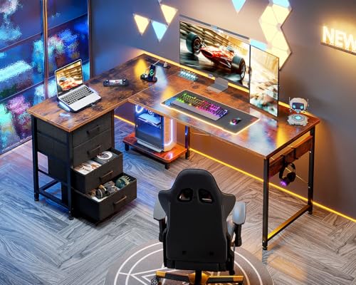 AODK L Shaped Gaming Desk with 4 Drawers, 61" Reversible Home Office Desks with Power Outlets