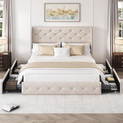 King Size Bed Frame with 4 Storage Drawers and Tufted Headboard Linen Upholstered Platform Bed Frame Wingback Beds with Wooden Slats Support