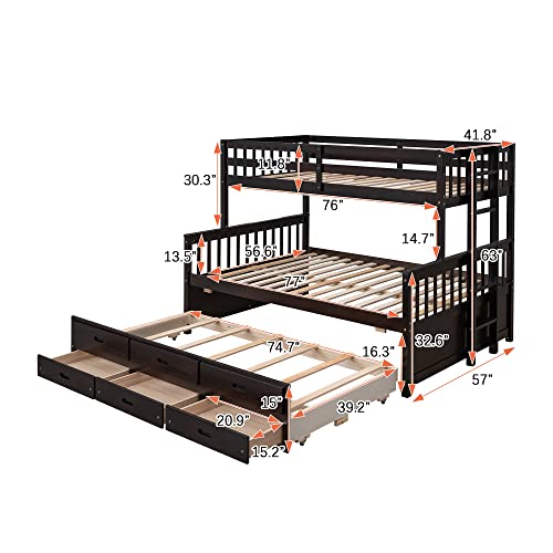Harper & Bright Designs Twin Over Twin Bunk Bed with Storage Drawers, Solid Wood Bunk Bed Frame with Trundle, for Kids, Teens, Adults (Espresso)