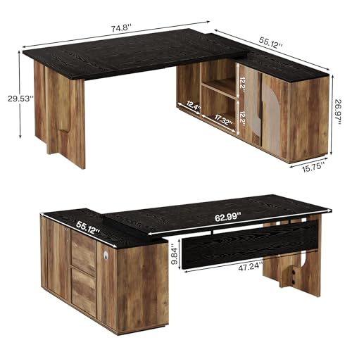 Tribesigns 74.8" Executive Desk, Large Office Desk with Cabinet, L Shaped Computer Desk with Shelves and CPU Storage