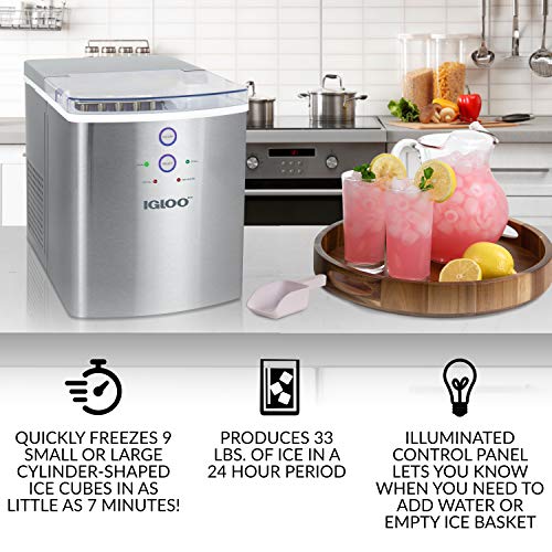 Igloo Electric Countertop Ice Maker Machine - Automatic and Portable - 33 Pounds in 24 Hours - Icecube Maker - Plastic Scoop and Basket