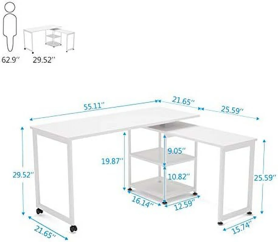 KHBIULIFE ° Free Rotating L-Shaped Desk  55 inch Large Reversible Corner Office Computer Desk Modern Study Writing Table Computer Workstation with