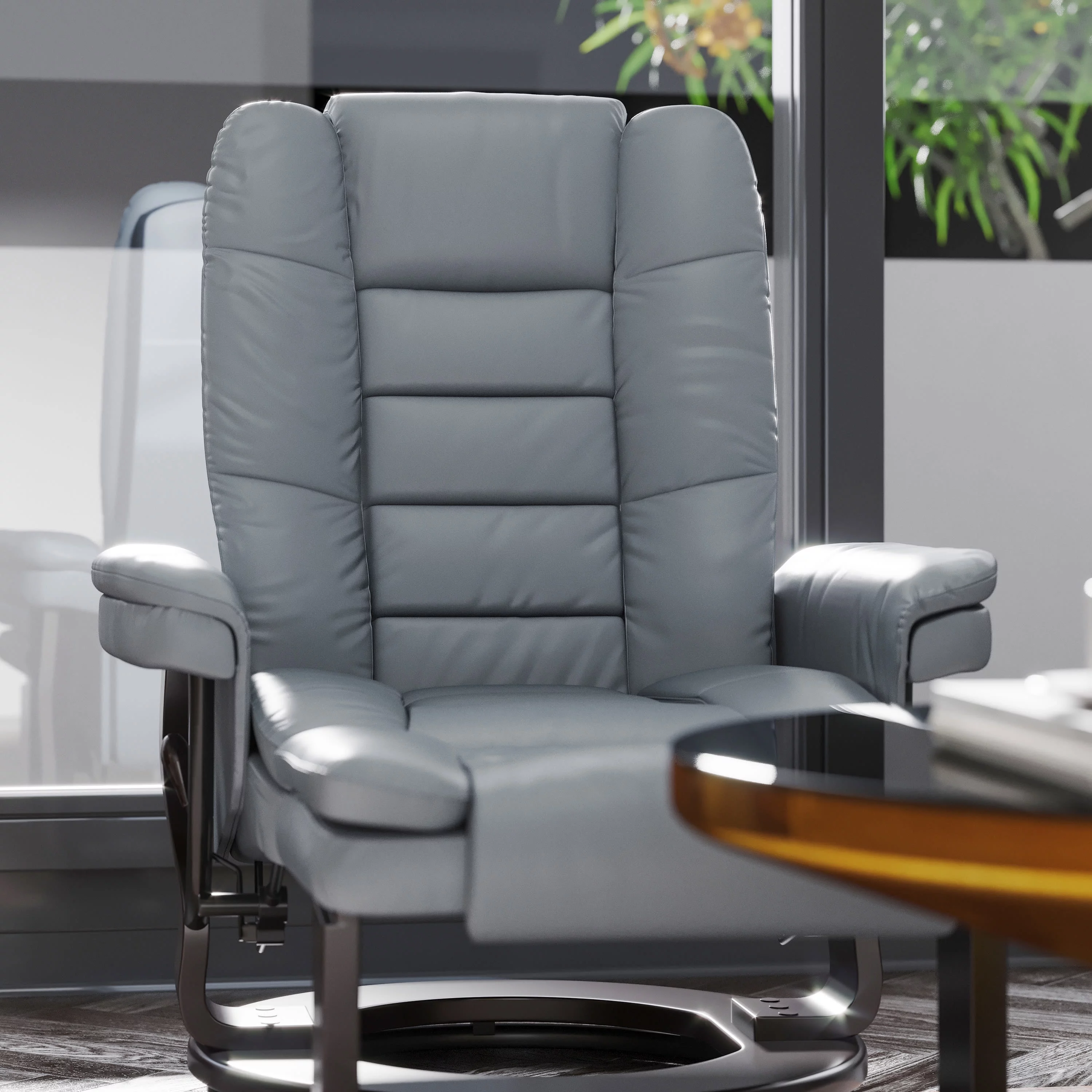 Emma + Oliver Contemporary Multi-Position Recliner with Horizontal Stitching and Ottoman with Swivel Mahogany Wood Base in Gray Faux Leather