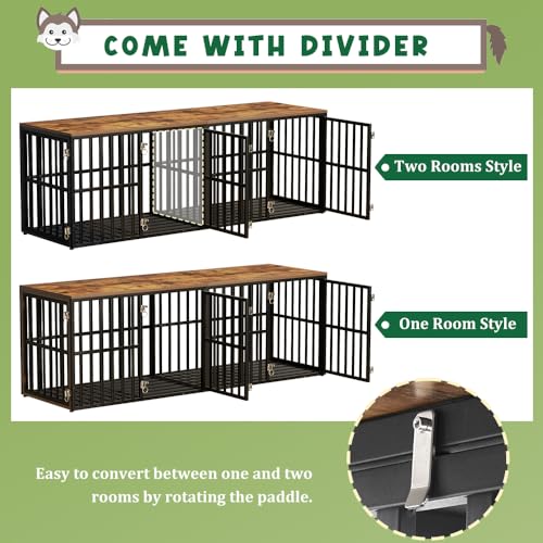 Dog Crate Furniture for 2 Dogs, 76” Wooden Dog Kennel with Divider, XXL Double Dog Crate Furniture Large Breed with 4 Doors