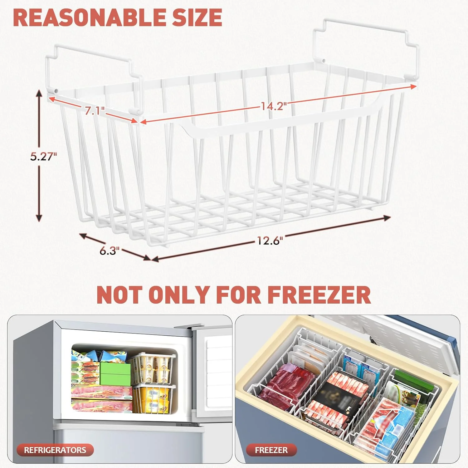 8-Pack Freezer Organizer Bins with Foldable Handles, Stackable Deep Freezer Baskets for 3.5-7 Cubic Feet Freezers, White Metal Storage Bins