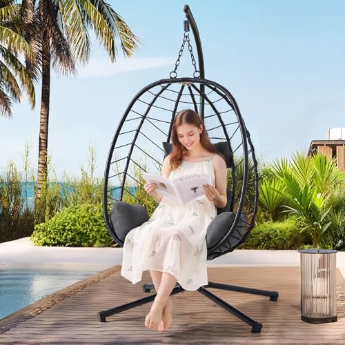 Hanging Egg Chair with Stand, Outdoor Indoor Egg Swing Chair with Cushion Headrest, Wicker Rattan Egg Chair with Dual Chains