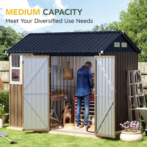 6x4FT Outdoor Steel Storage Shed with Clear Window, Lockable Doors, Weather-Resistant Metal Tool Shed for Garden, Backyard, Patio, and Utility Storage