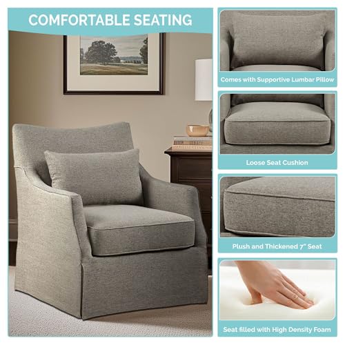 Martha Stewart London Swivel Chair - Solid Wood & Plywood, Skirted Metal Base Accent Armchair