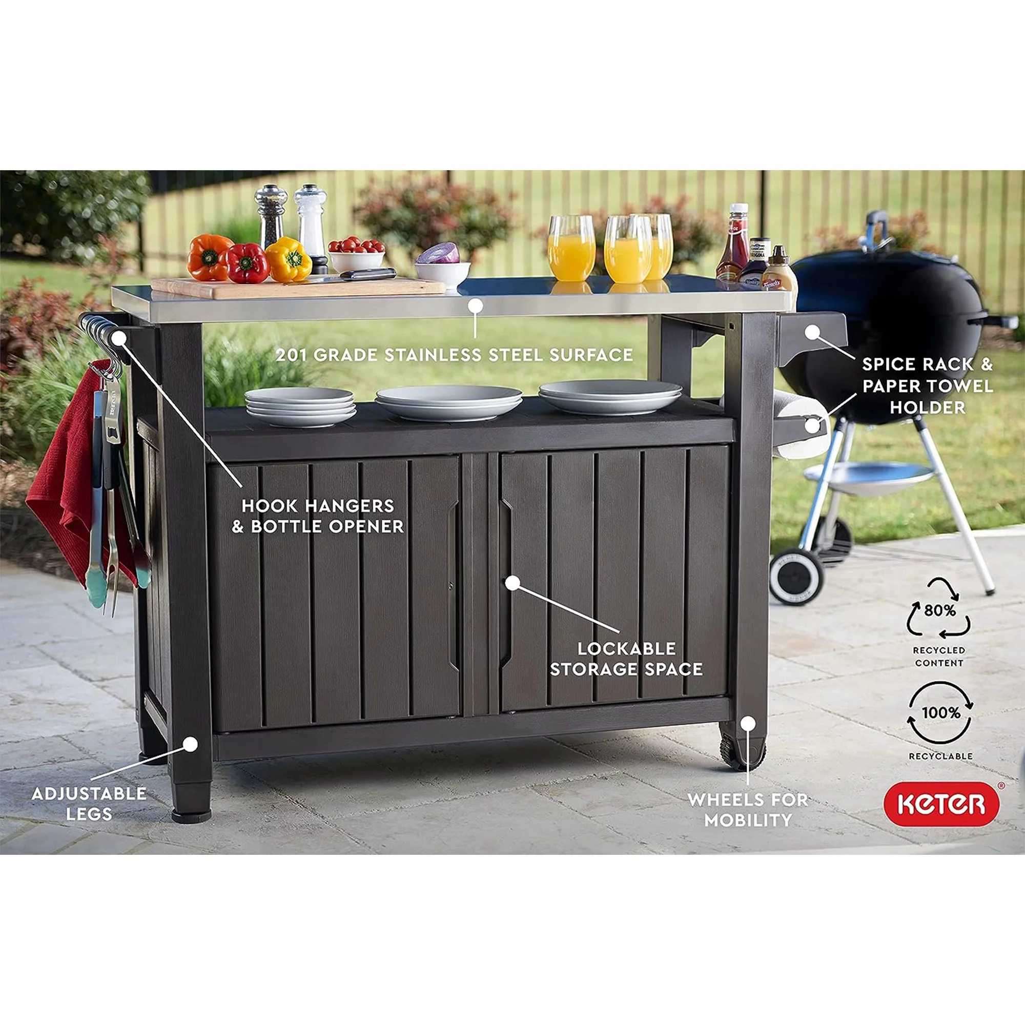 Keter Unity XL Outdoor Kitchen Bar Rolling Cart with Storage Cabinet, Brown - Radiant Selections