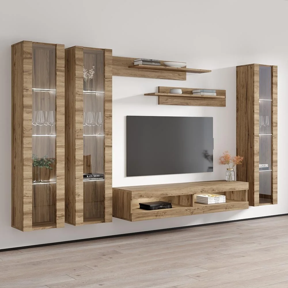 Meble Furniture Fly CD2 34TV Wall Mounted Floating Modern Entertainment Center Oak