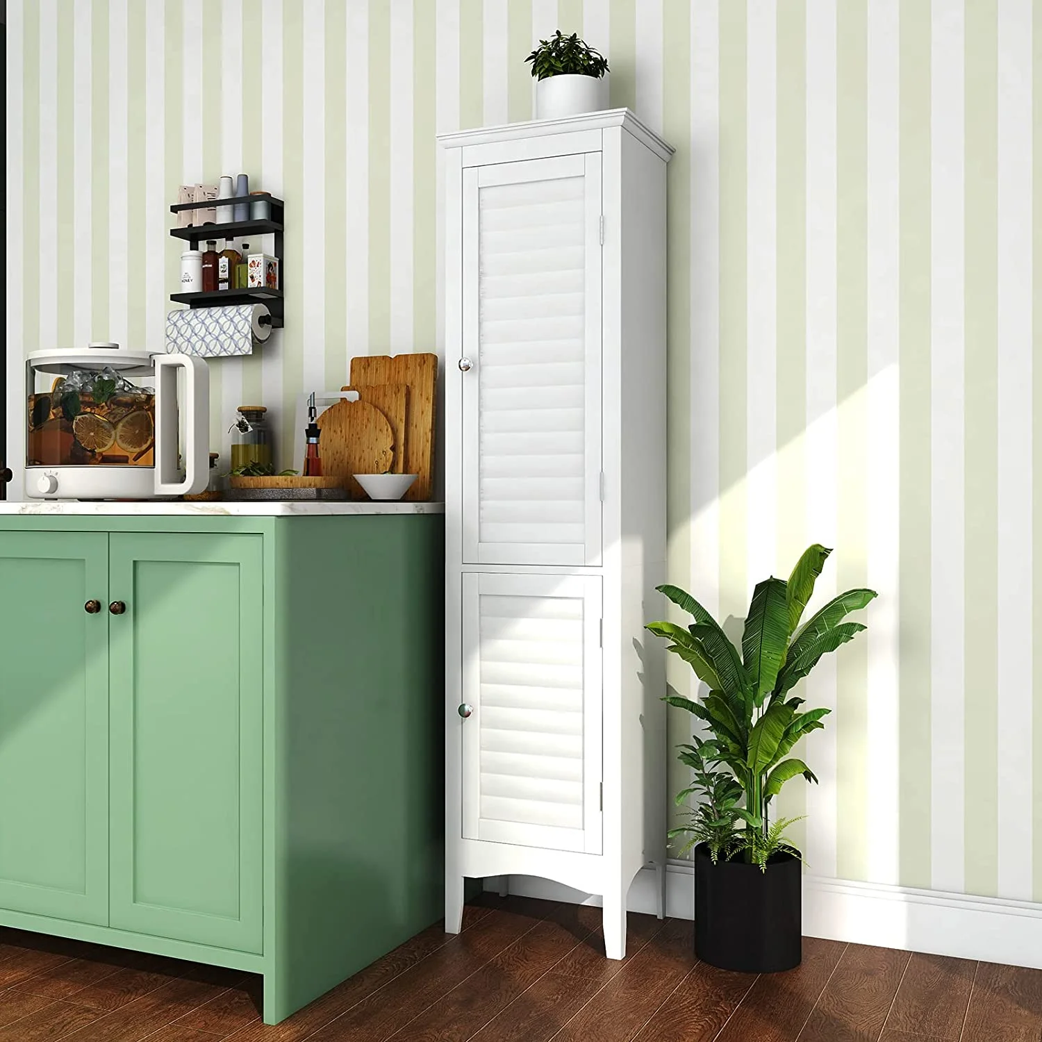 Bathroom Tall Storage Cabinet - Narrow Freestanding Floor Cabinet with Doors, 5 Tier Shelves(1 Height Adjustable)