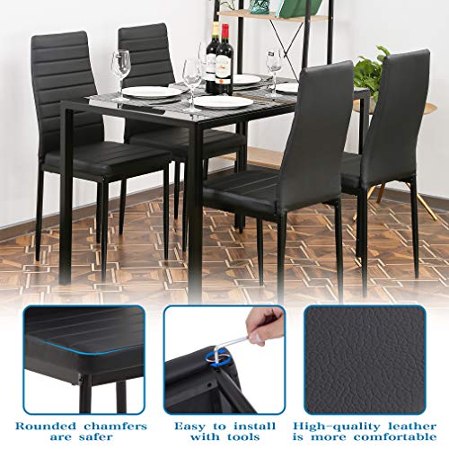 FDW | 5-Piece Dining Table Set | Glass Kitchen Table with 4 Upholstered Chairs | Space-Saving Design | Faux Leather Cushions | Modern Rectangular