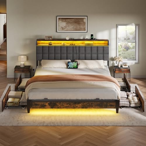 YITAHOME Queen Size Bed Frame with RGB LED Lights and 4 Drawers, Upholstered Platform Bed with Charging Station and Storage Headboard