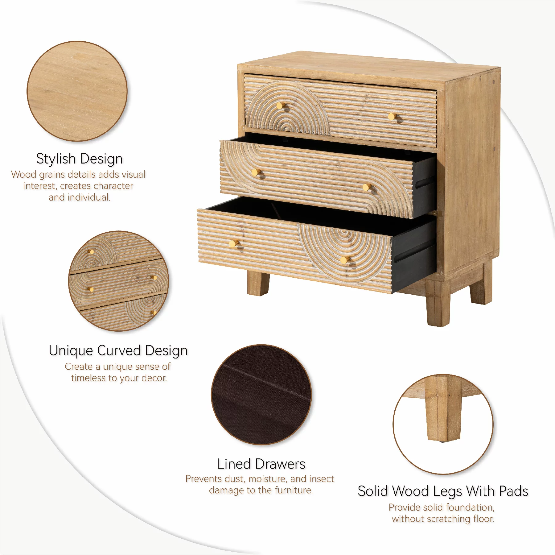 COZAYH 3-Drawer Farmhouse Dresser with Handicraft Wood Ring Motif, Fully Assembled Nightstand Wooden Finish for Boho, Mid-century, Rustic Style