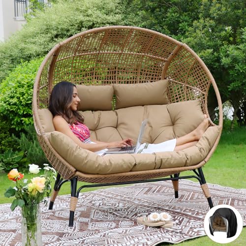 NICESOUL® Double Egg Chair Indoor Outdoor Stationary Oversized Thicken Padded Cushions, 2 Person Egg Loveseat Chair