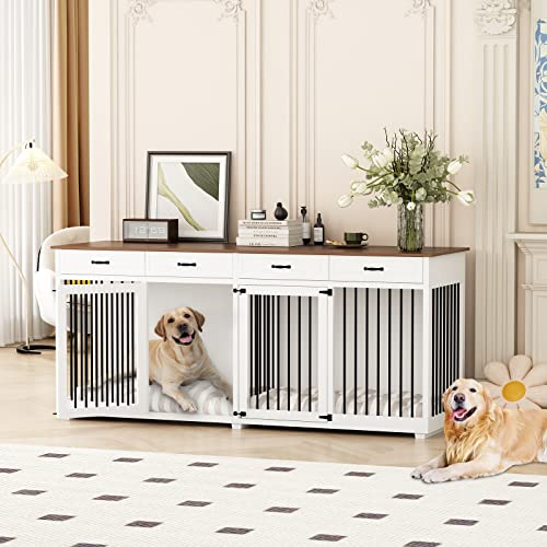 Large Dog Crate Furniture, 86.6 Inch Large Wooden Dog Kennel with Drawers & Divider