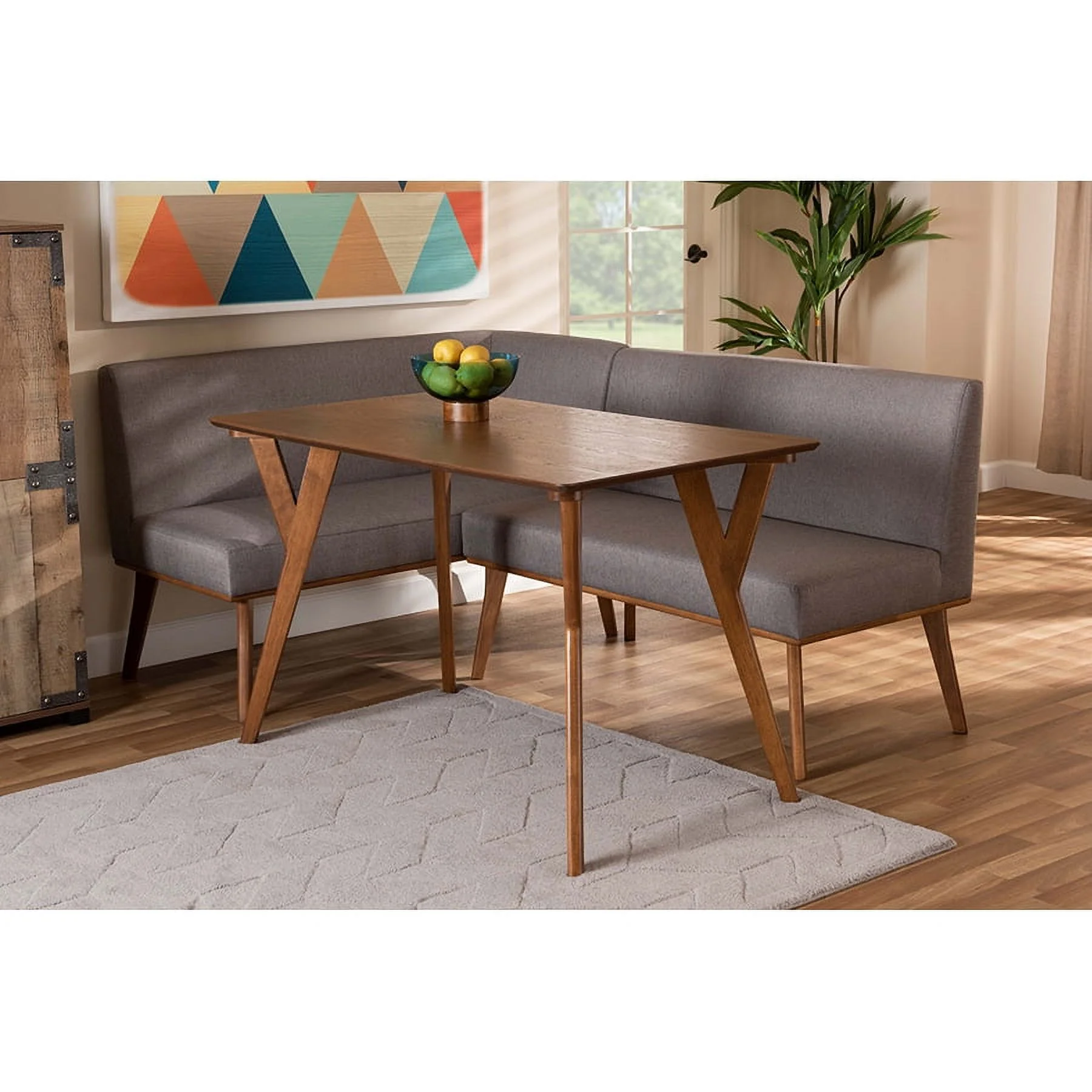 Baxton Studio Odessa Mid-Century Modern Grey Fabric Upholstered and Walnut Brown Finished Wood 3-Piece Dining Nook Set