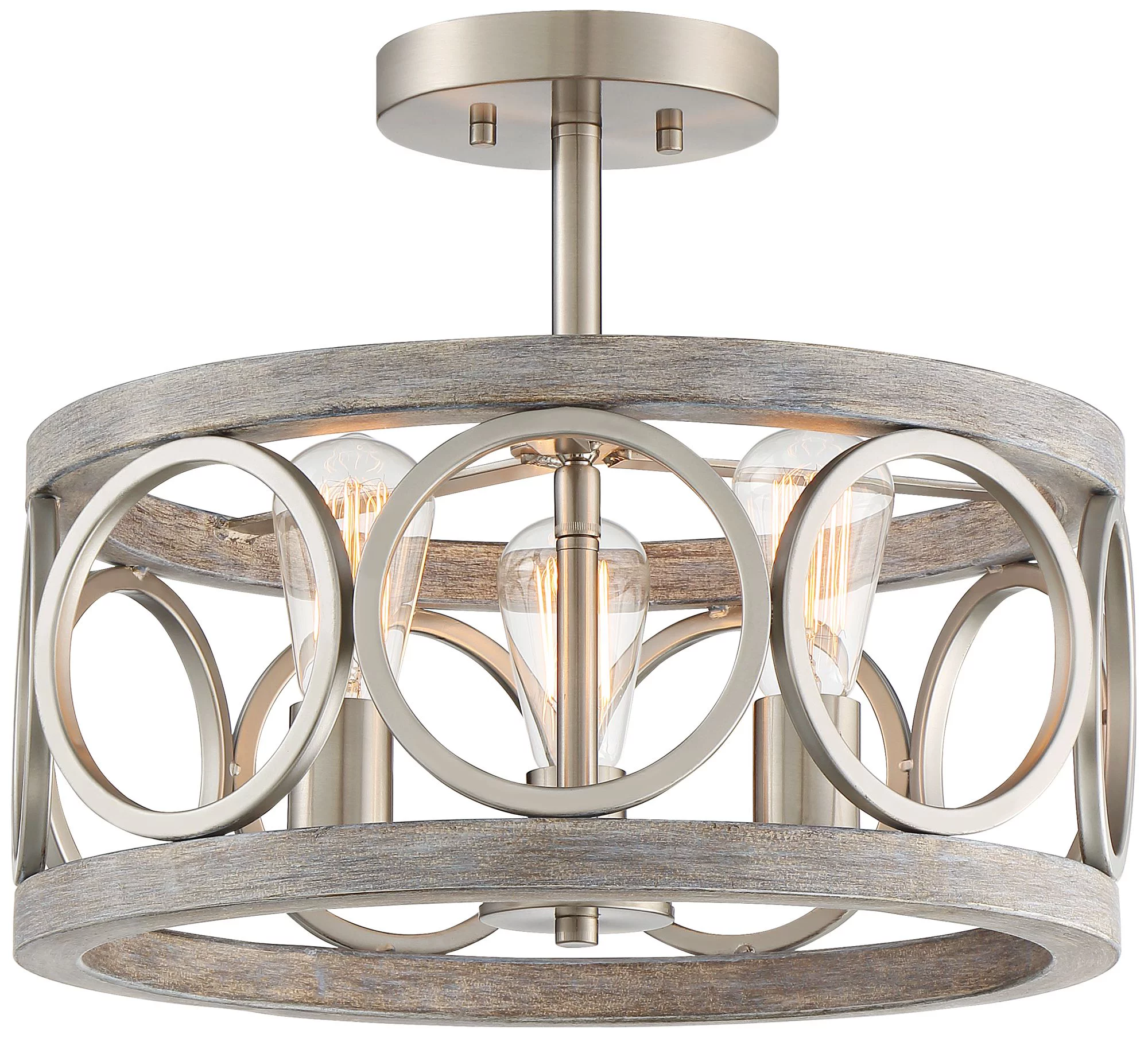Franklin Iron Works Salima Rustic Farmhouse Ceiling Light Semi Flush Mount 16" Wide Brushed Nickel Gray Wood 3-Light LED for Bedroom Living Room House