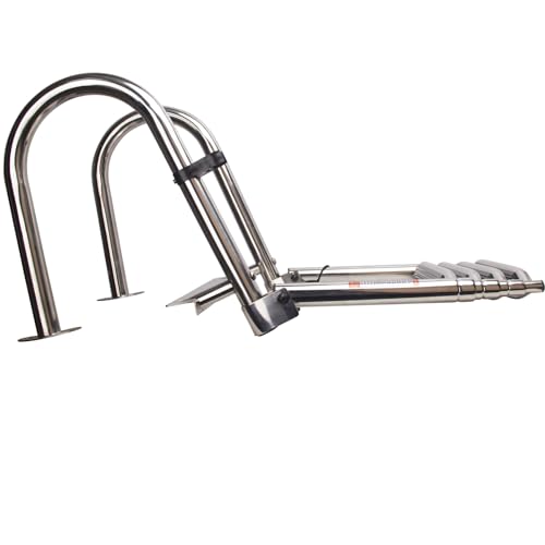 4-Step Heavy-Duty Stainless Steel Pontoon Boat Ladder with Extra Wide Steps & Handrails | Telescoping Folding Rear Entry Ladder, 600lbs Capacity