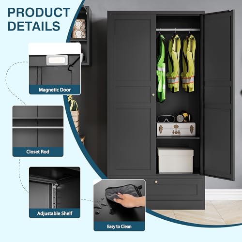 MIIIKO Steel Cabinet Wardrobe, Metal Locker Cabinet with Hanging Rod, Metal Clothing Locker Storage for Home, Office, Garage and Changing Room