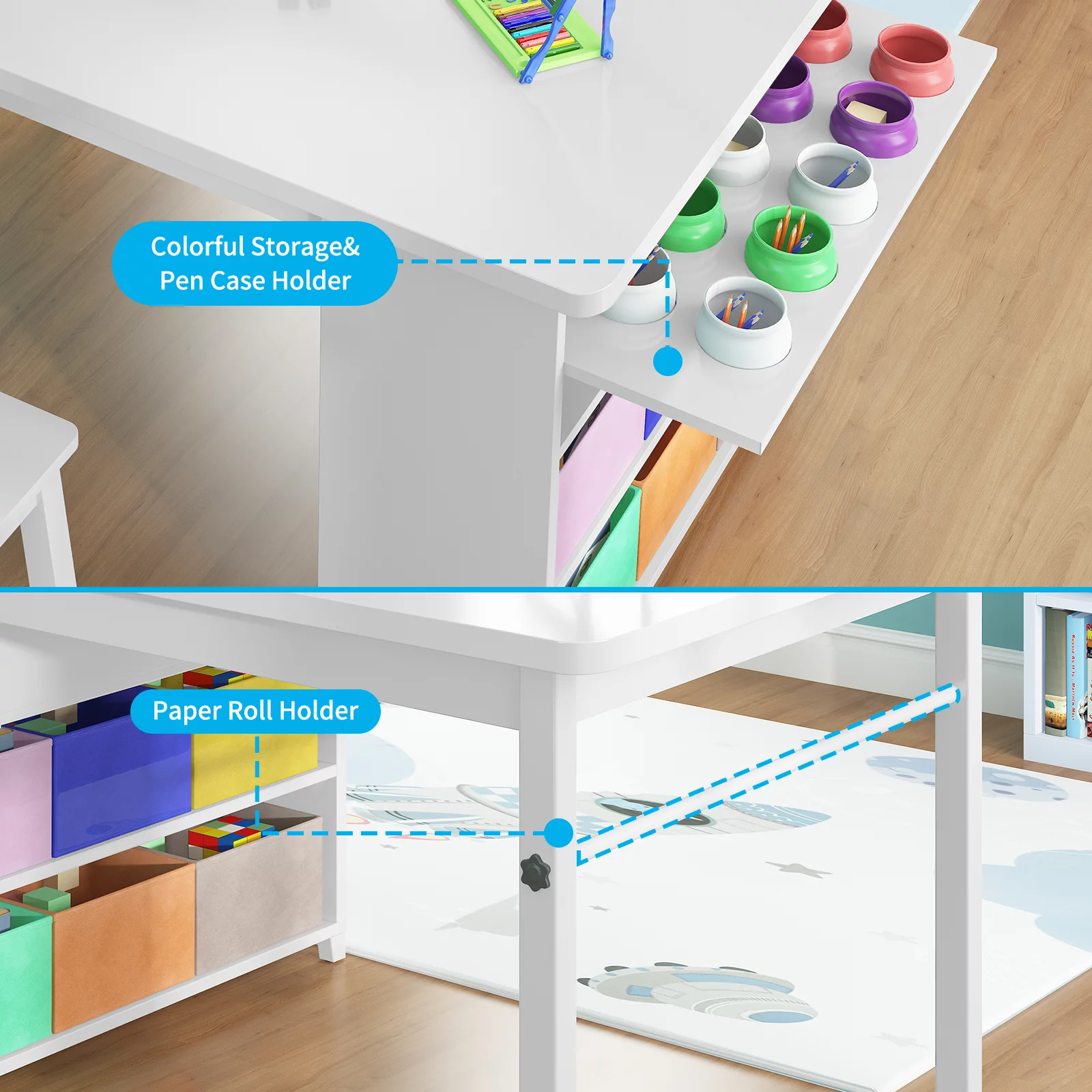 BALUS Modern Kids' Art Table and Stools Set (White), Wooden Drawing and Painting Desk with Paper Roller and Removable Craft Supplies Storage Bins