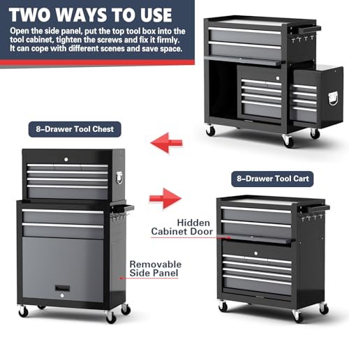 Tool Chest 8-Drawer | 42'' Large Rolling Tool Chest with Wheels | Detachable Top Metal Tool Box | Garage Storage Cabinet for Repair Room