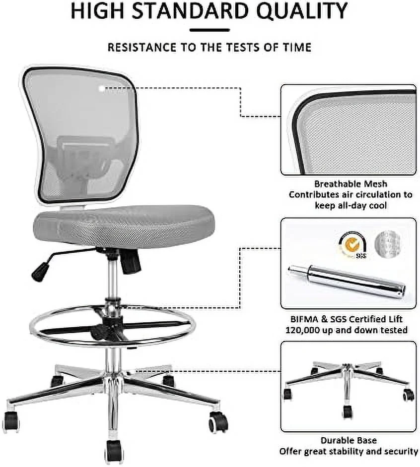 Drafting Chair  Tall Office Chair for Standing Desk  Drafting Stool with Lumbar Support  Adjustable Height and Foot Ring  Grey