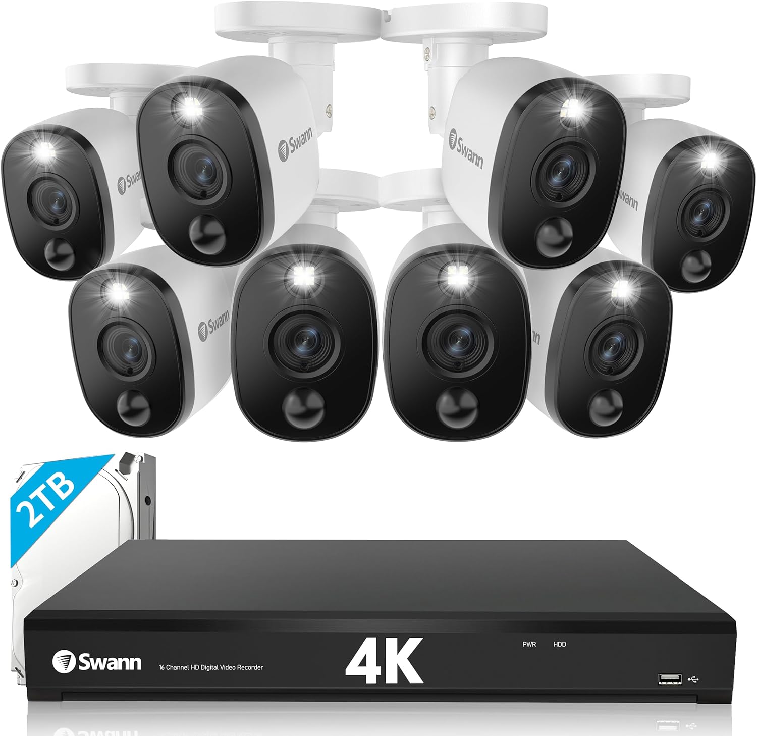 Swann Home DVR Security Camera System with 2TB HDD, 16 Channel 8 Camera, 4K Ultra HD Video, Indoor or Outdoor Wired Surveillance CCTV