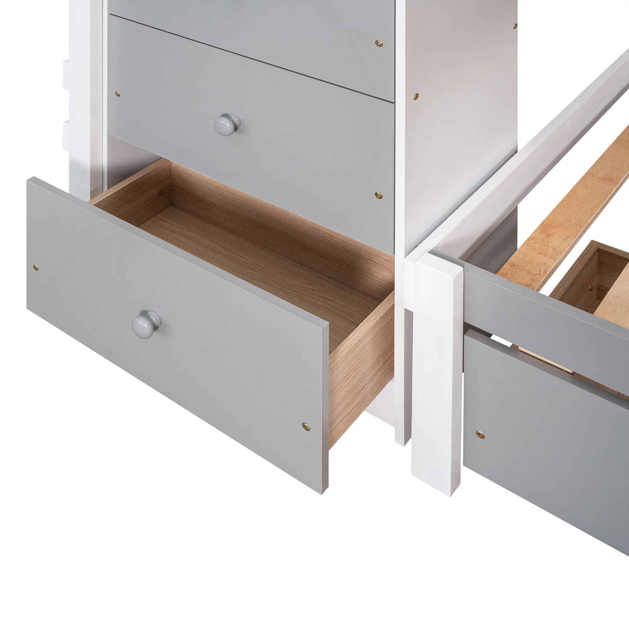 Euroco Twin over Twin Bunk Bed with Six Drawers for Kids Room, Gray