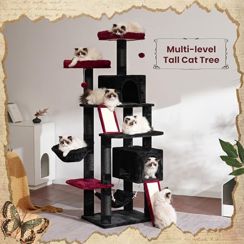 Cat Tree for Indoor Cats, 71'' (180cm) Multi-Level Cat Tower for Large Adult, Sturdy Cat Tree House with 2 Scratching Boards 7 Posts
