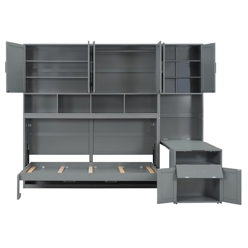 Twin Murphy Bed with Storage Cabinet, Bookcase, Storage Drawers and Desk, Wooden Wall Bed Frame Folding Bed Frame for Guestroom, Office, Apartment