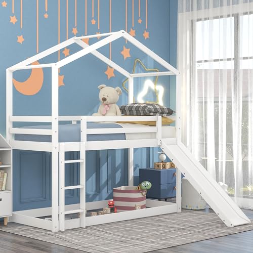 Kids Twin Over Twin Bunk Beds with Slide and Trundle, Solid Wood Bunk Bed Frame with Stairs and Storage