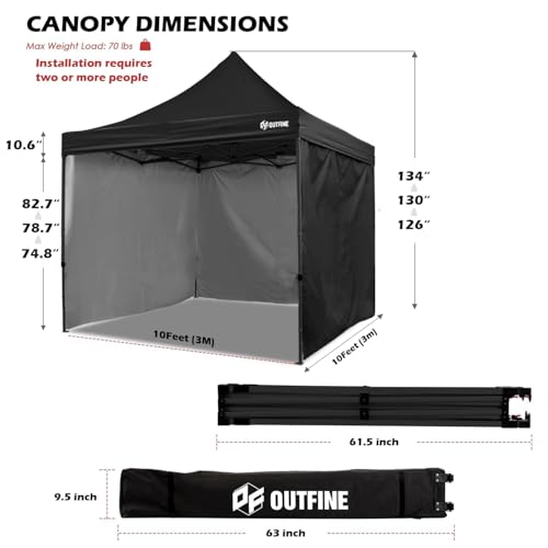 OUTFINE Heavy Duty Canopy 10x10 Pop Up Commercial Canopy Tent with 3 Side Walls Instant Shade, Bonus Upgrade Roller Bag, 4 Weight Bags