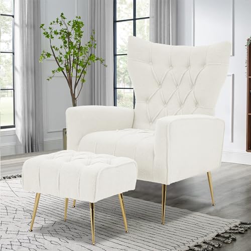 Accent Chair with Ottoman, Upholstered Tufted Boucle High Wingback Armchair with Gold Metal Legs, Club Chair with Ottoman