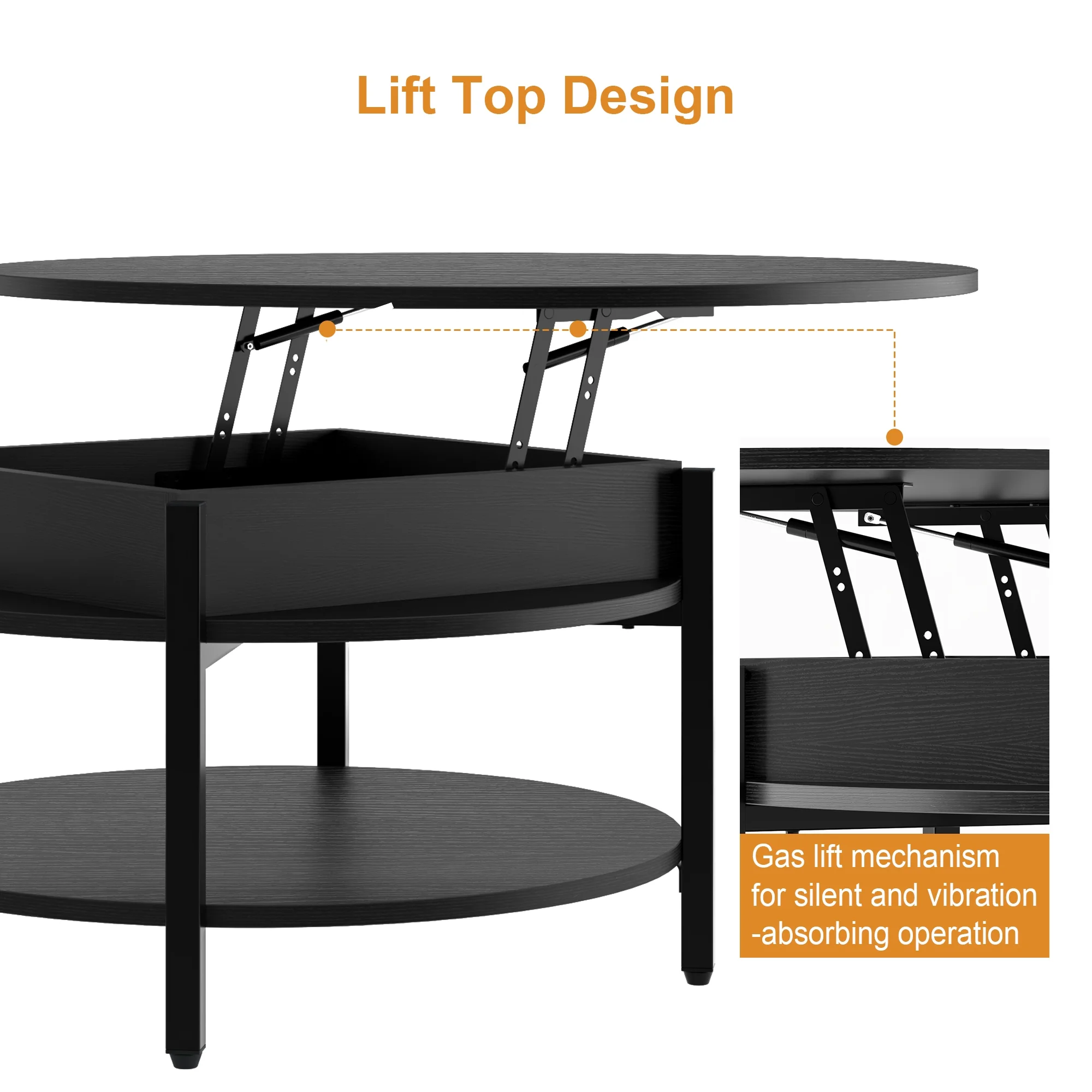 GUNAITO Round Lift Top Coffee Table with Storage Modern Farmhouse Center Table with Shelf Small Circle Table for Living Room for Living Room Black