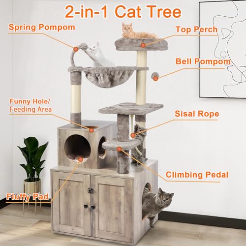 Cat Tree with Litter Box Enclosure, 2-in-1 Cat Tower for Indoor Cats, Large Wood Cat Condo with Basket, Scratching Posts, Pompoms, Rustic Brown