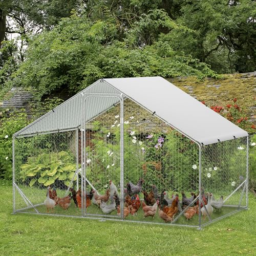 Heavy Duty Walk-in Chicken Coop, Large Metal Poultry Cage with Waterproof UV Cover & Round Top Design