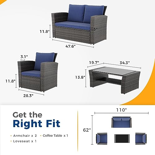 Wisteria Lane 4 Piece Outdoor Patio Furniture Sets, Wicker Conversation Set for Porch Deck, Gray Rattan Sofa Chair with Cushion