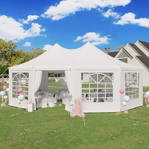 EROMMY 26x19ft Party Tent, White Wedding Tent, Decagonal Heavy Duty Canopy with 8 Removable Sidewalls, 8 Church Windows and 2 Pull-Back Doors